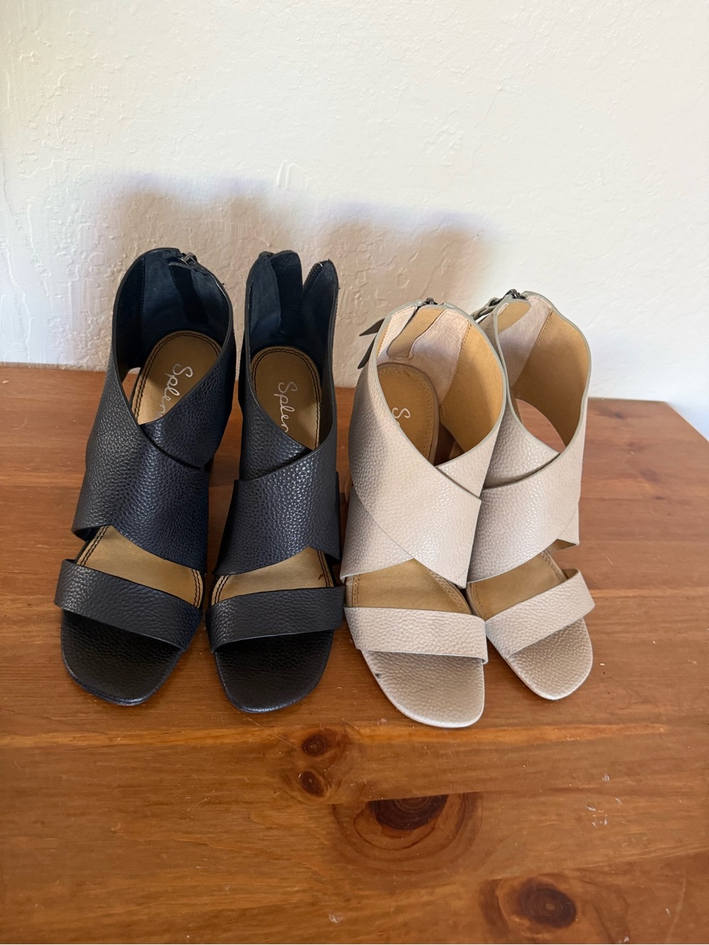 Splendid Crisscross Open-Toe Heels in Black & Beige
